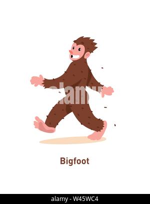 Una illustrazione di un cartoon carino Bigfoot. Illustrazione Vettoriale. Brown Bigfoot è a piedi. Immagine è isolato su sfondo bianco. Piatto illustra la moda Illustrazione Vettoriale