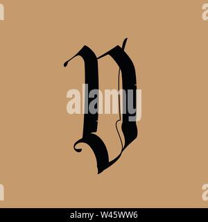 Lettera D, in stile gotico. Vettore. Alfabeto. Il simbolo è isolato su un sfondo dorato. La calligrafia e scritte. Latino medievale lettera. Il logo Illustrazione Vettoriale