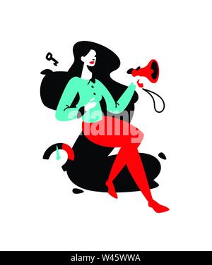 Illustrazione di una ragazza con un megafono sullo sfondo della lettera Z. vettore illustrazione piana. PR specialista, inserzionista. Specialista in advertis Illustrazione Vettoriale