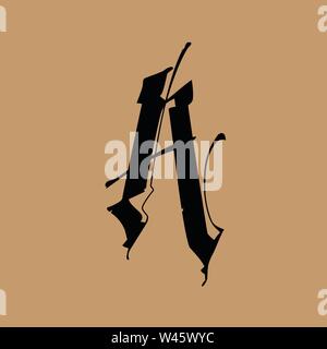 Lettera A, in stile gotico. Vettore. Alfabeto. Il simbolo è isolato su un sfondo dorato. La calligrafia e scritte. Latino medievale lettera. Il logo Illustrazione Vettoriale