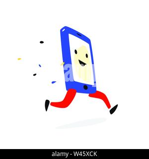 Personaggio dei fumetti telefono. Illustrazione Vettoriale. Il telefono cellulare è acceso. Lo smartphone esegue off sul business. Immagine è isolato su sfondo bianco. Illustrazione Vettoriale