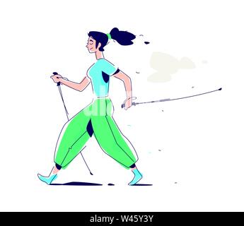 Illustrazione della ragazza camminare scandinavo. Il vettore di piatto. Escursioni nella natura. L'illustrazione è isolato su uno sfondo bianco. Scandinavian wal Illustrazione Vettoriale