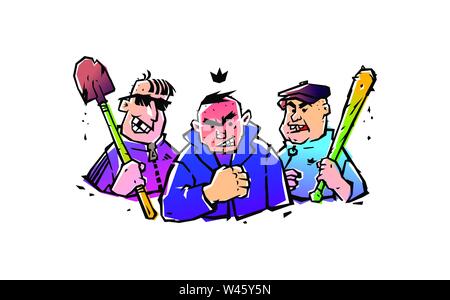 Illustrazione di tre hooligan con una mazza e una pala. Vettore. L'illustrazione è isolato su uno sfondo bianco. Cortile russo punks. Banditi Illustrazione Vettoriale