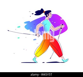 Illustrazione della ragazza camminare scandinavo. Il vettore di piatto. Escursioni nella natura. L'illustrazione è isolato su uno sfondo bianco. Scandinavian wal Illustrazione Vettoriale