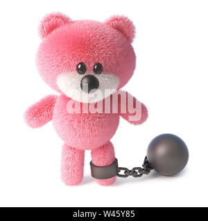 Naughty pink fluffy Teddy bear ha carattere di indossare una sfera e una catena, la sua molto triste, 3d illustrazione Foto Stock