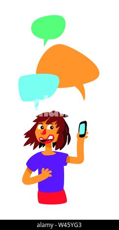 Ragazza con bolle di fumetti e telefono. Vettore. La ragazza è in chat. Illustrazione in stile cartoon. L'illustrazione è isolato su sfondo bianco Illustrazione Vettoriale