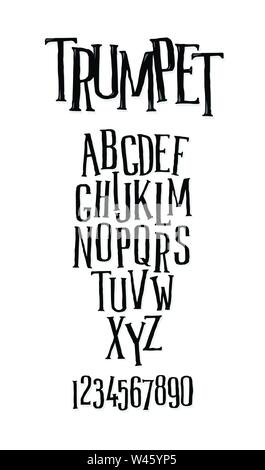 Serie di lettere, alfabeto. Accidentato font allungata. Vettore. Lettere maiuscole. Font irregolare. Le lettere sono simboli per la progettazione di un poster, flyer o presente Illustrazione Vettoriale