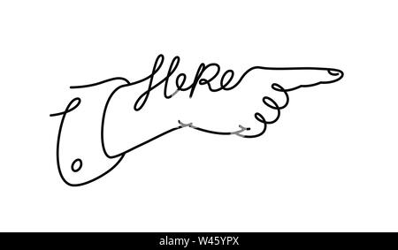 Icona del puntatore a mano con la parola qui. Vettore. Vintage logo per la società e il negozio. Illustrazione lineare. Direzione di movimento. Illustrazione Vettoriale