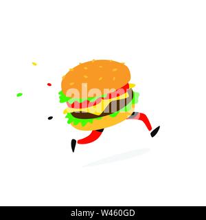 Icona di hamburger in esecuzione. Vettore. Logo per il fast food e la consegna del cibo. Divertente illustrazione di un panino con una cotoletta. Cartoon badge, emblema di co Illustrazione Vettoriale