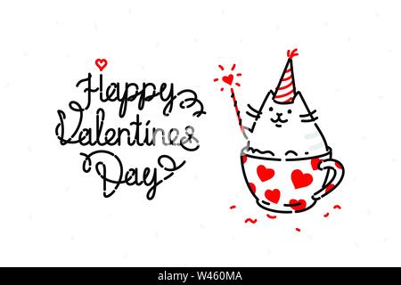 Illustrazione vettoriale di un gatto in un giorno di san valentino vacanza. Immagine è isolato su uno sfondo bianco per la stampa, banner, sito web. Kitty nella tazza cong Illustrazione Vettoriale
