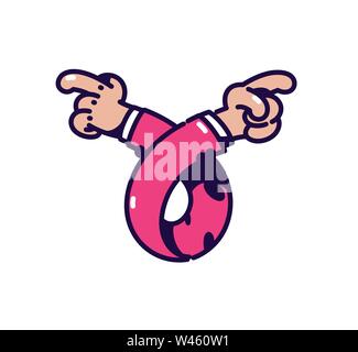 Logo in forma di due mani. Vettore. Puntatori a destra e a sinistra. Segno paradossale. In direzioni diverse. Il business è a un bivio. Logo per un com Illustrazione Vettoriale