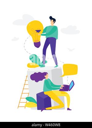 Illustrazione Vettoriale, assistente online al lavoro, la promozione online, il lavoro remoto manager, la ricerca di nuove idee e il lavoro di squadra in una società di brainstorming. Illustrazione Vettoriale