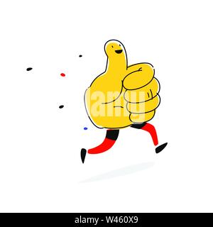 Illustrazione di come funziona. Vettore. Pollice in alto con le gambe. Cartoon stile piatto. Come carattere di colore giallo per la società e il logo. Marchio aziendale. Divertimento ico positivo Illustrazione Vettoriale