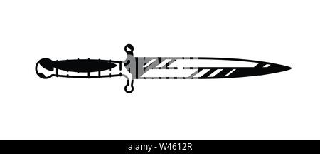 Immagine del logo del pugnale. Vettore. Dipinto coltello militare. In bianco e nero di contorno di disegno grafico. Tatuaggio. Elemento decorativo per la progettazione Illustrazione Vettoriale