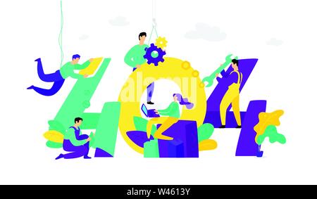 Illustrazione per la pagina 404. Vettore. In stile appartamento. Pagina non trovata errore. Oops qualcosa è andato storto sul nostro sito. Mocap, web modello. Un team di dipendenti Illustrazione Vettoriale