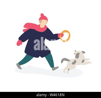 Illustrazione di una ragazza che gioca con un cane. Vettore. Ragazza adolescente in cappotto corre lungo con un cane grigio. Due amici. Appartamento in stile cartone animato. Resto con l'essere Illustrazione Vettoriale