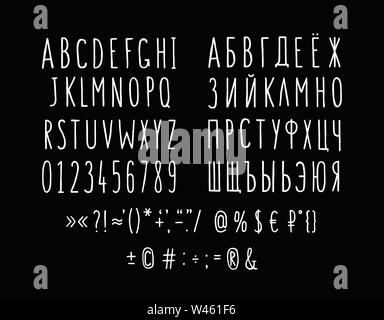 Set di font di lettere e simboli. Vettore. Lineare, lettere di contorno. In stile appartamento. Sottili ed allungati lettere. Font per il cartellino del prezzo. Inglese e alfabeto russo Illustrazione Vettoriale