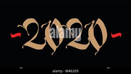 Iscrizione 2020, gotico. Vettore. Anno nuovo in stile medievale. Golden logo su sfondo nero. Illustrazione Vettoriale