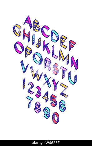 Luminose font in inglese. Vettore. Lineare, lettere di contorno. Isometry, 3D. Lettere di tipo volumetrico. Font per il design innovativo dei progetti. Set completo di lettere e nu Illustrazione Vettoriale