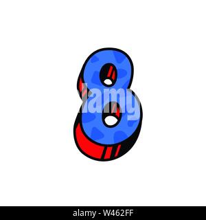 La figura 8 in stile cartoon. Vettore. Blu scuro lineare, figure di contorno con riempimento blu. Spessore luminoso numeri arabi. I numeri di bulk. Riempimento a motivi geometrici. Illustrazione Vettoriale