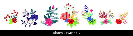Illustrazioni di mazzi di fiori. Vettore. Le gemme e le steli, floristics. Composizione di piante e erbario. In stile cartone animato. Immagine dell'estate e Illustrazione Vettoriale