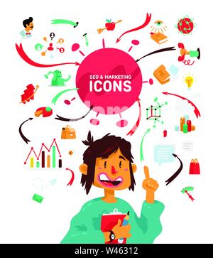 Un set di icone sul tema dei processi di business. Vettore. Un brillante personaggio dei fumetti con infographics. Un uomo con una tavoletta e una penna. Moda Illustrazione Vettoriale