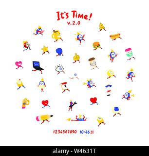 Fun friendly caratteri. Vettore. Icone per orologi e sveglie, tazze, gli occhi e il cuore per le reti sociali. Simili e antipatia. Il tempo e il modo di operat Illustrazione Vettoriale