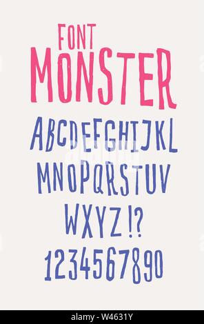 Allegro friendly font. Vettore. Le lettere sono tutti separatamente. Serie di lettere dell'alfabeto inglese. I caratteri latini. Hipster stile comico. Font fo Illustrazione Vettoriale