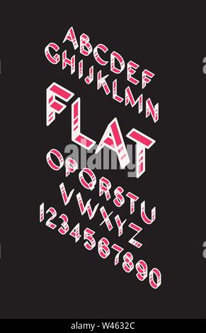 Inglese set di font. Vettore. Lineare bianco contorno, lettere e numeri con riempimento di colore rosso. Luminoso appartamento simboli di nastro su uno sfondo nero. I numeri di bulk. Tutti Illustrazione Vettoriale
