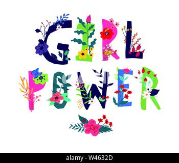 Iscrizione Girl Power, circondato da fiori. Vettore. Illustrazione in stile cartoon. Slogan motivazionali come immagine della natura. Banner, invito a Illustrazione Vettoriale