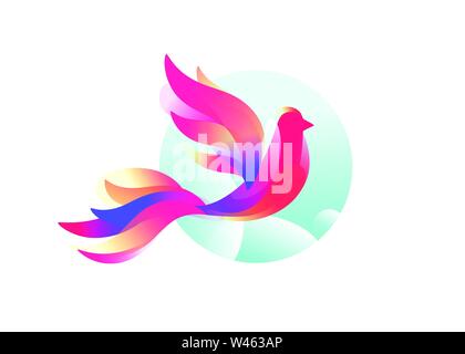 Logo di un uccello. Un favoloso uccello. Immagine vettoriale in uno stile piatto su uno sfondo bianco. Rosa birdie simbolo della società. Il nome del marchio, emblema di sto Illustrazione Vettoriale