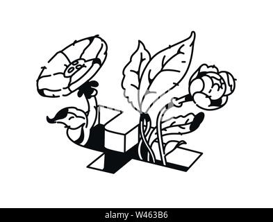 Disegno lineare di fiori in segno di Facebook. Fashion tattoo. Vettore. Schizzo. Hipster stile. T-shirt pattern. Lettera F. Facebook segno. Illustrazione Vettoriale