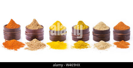 Vasto assortimento e diversi tipi di spezie in i sapori e i colori sullo sfondo bianco Foto Stock