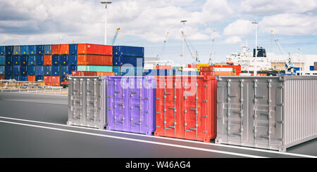 Contenitori di carico, import export, logistica trasporti concetto, porto di sfocatura dello sfondo. 3d illustrazione Foto Stock