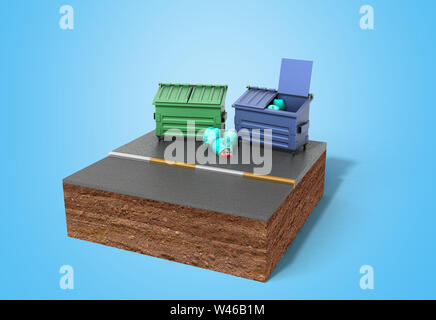 Garbage lattine su un pezzo di terra 3D rendering su blu Foto Stock