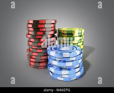 Casino chip colori isolato su bianco realistico 3d rendering di oggetti su grigio Foto Stock