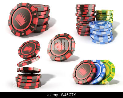 Raccolta di casino chip rossi pile isolato su bianco realistico 3d rendering di oggetti Foto Stock