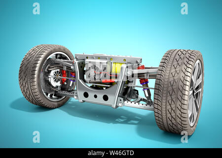 Auto elettrica cystem interasse veicolo elettrico sistema di azionamento e battery pack 3d rendering su blu Foto Stock