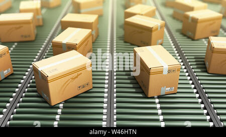 Moderno consegna i pacchetti di servizio di confezionamento pacchi e trasporto il concetto di sistema di scatole di cartone sul trasportatore 3D render Foto Stock