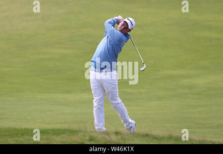 Scozia Robert Macintyre sul 2° giorno greenduring tre del Campionato Open 2019 presso il Royal Portrush Golf Club. Foto Stock