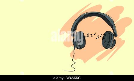 Le cuffie ascoltare musica notes single line brutto disegno con colori ad acqua piatta traducano illustrazione dello stile Illustrazione Vettoriale