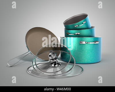 Set di stoviglie pentole di verde e la padella con pietra spruzzata 3D render su sfondo grigio Foto Stock