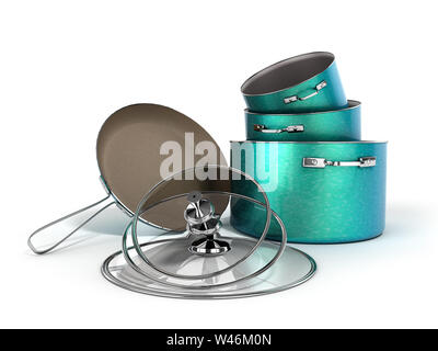 Set di stoviglie pentole di verde e la padella con pietra spruzzata 3D render su sfondo bianco Foto Stock