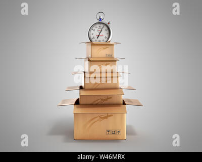 Nuovi anni concetto di spedizione scatole di cartone a forma di albero di Natale 3d rendering su grigio Foto Stock