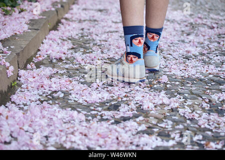Ragazza camminare sul rosa ciliegia petali di fiore Foto Stock