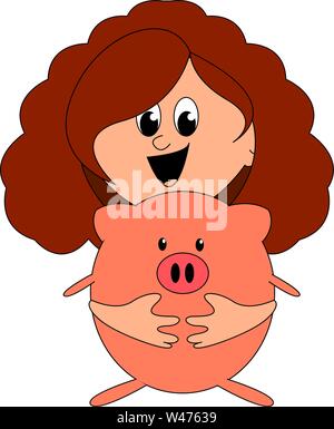 Ragazza abbracciando il maiale, illustrazione vettore su sfondo bianco. Illustrazione Vettoriale