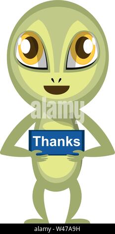 Alien con la ringrazio segno, illustrazione, vettore su sfondo bianco. Illustrazione Vettoriale