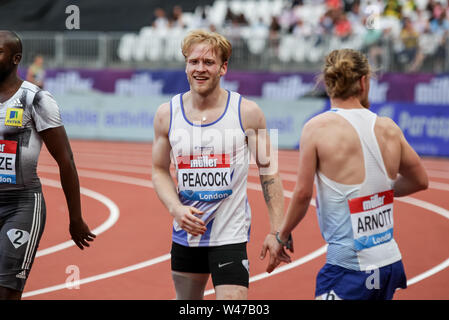 Londra, Regno Unito. Il 20 luglio, 2019. Johnny Peacock vince la mens T64 100m durante il Muller anniversario Giochi - London Grand Prix 2019 presso il London Stadium, Queen Elizabeth Olympic Park, Londra, Inghilterra il 20 luglio 2019. Foto di Ken scintille. Credit: UK Sports Pics Ltd/Alamy Live News Foto Stock