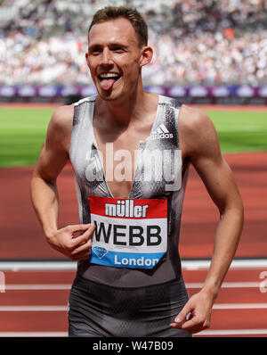 Londra, Regno Unito. Il 20 luglio, 2019. Jamie Webb (GBR), finiture 6 ma con un PB Uomini 800m (Diamond League) durante la Muller anniversario Giochi - London Grand Prix 2019 presso il London Stadium, Queen Elizabeth Olympic Park, Londra, Inghilterra il 20 luglio 2019. Foto di Ken scintille. Credit: UK Sports Pics Ltd/Alamy Live News Foto Stock