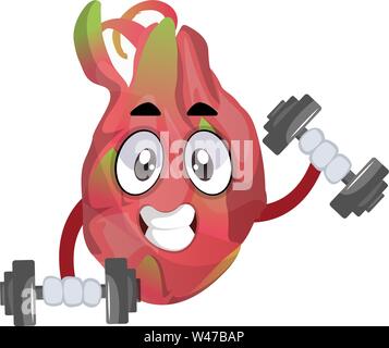 Dragon frutto sollevamento pesi, illustrazione vettore su sfondo bianco. Illustrazione Vettoriale